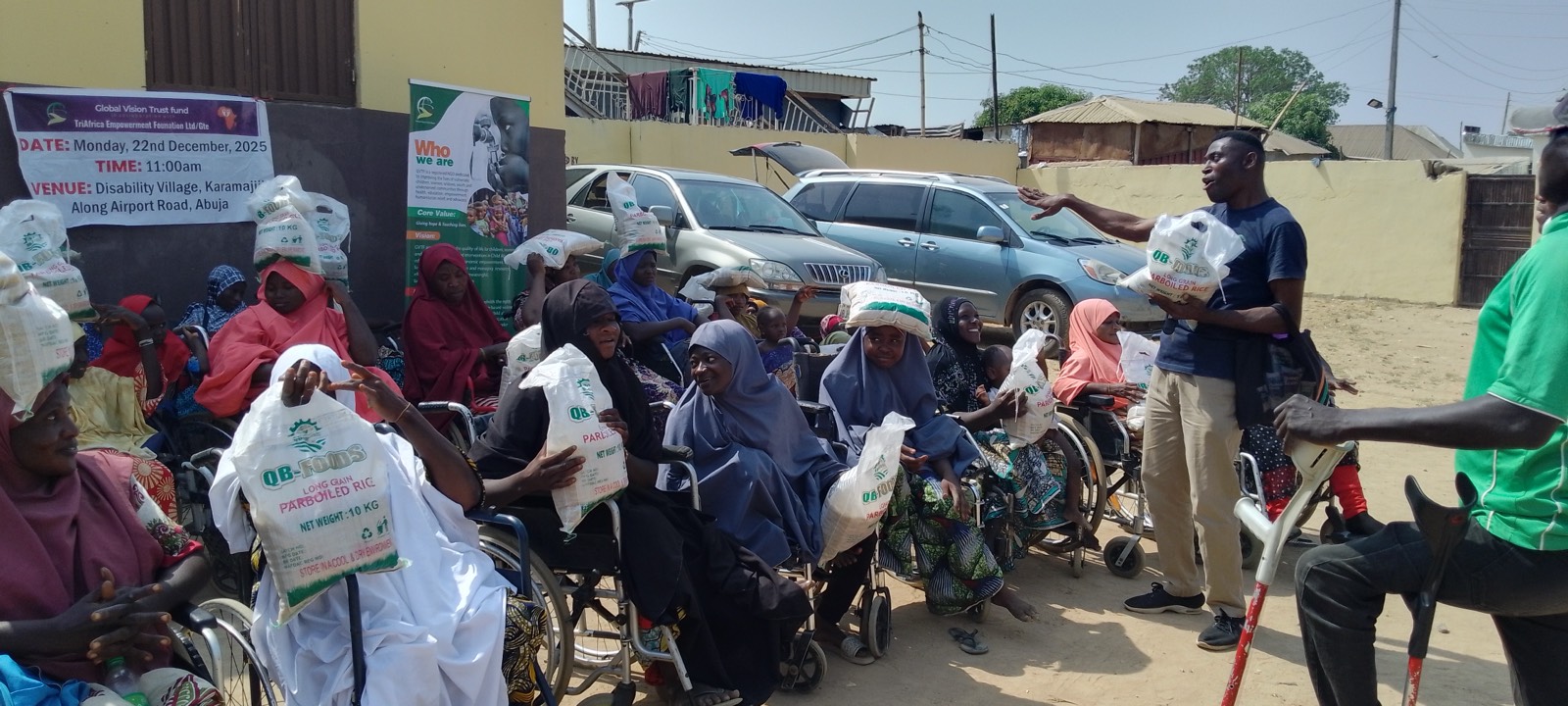 GVTF staff distributing support at the Karamajiji Disability Village outreach